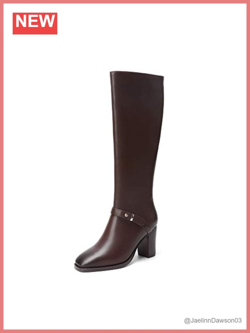 Handmade Genuine Leather Square Toe Knee High Boots Mid Chunky Heel Side Zip